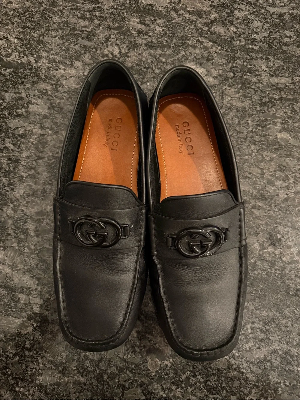 Gucci Black Leather Men's Driving Loafers with Interlocking G